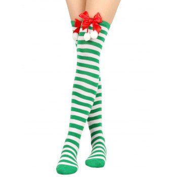 

1Pair Christmas Contrast Stripe Bowknot Fuzzy Balls Over Knee Stockings, Green