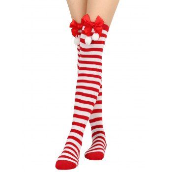 

1Pair Christmas Contrast Stripe Bowknot Fuzzy Balls Over Knee Stockings, Red
