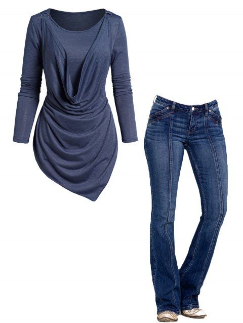 Cowl Neck Ruched Asymmetrical Hem Long Sleeve Top And Stitching Zipper Fly Long Flare Jeans Outfit