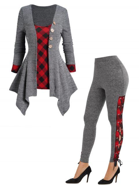 Plaid Print Long Sleeve Knit Tops And High Rise Lace Up Long Pants Outfit