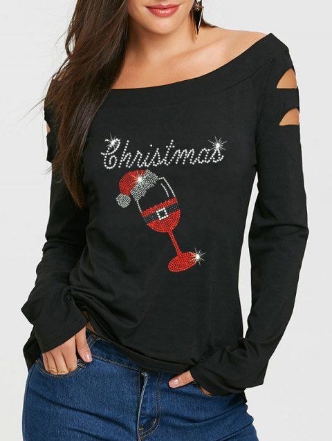 Christmas Pattern Off The Shoulder T-shirt Cut Out Long Sleeve Xmas Tee