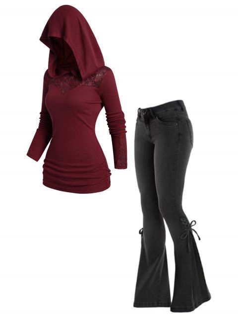 Ruched Lace Insert Hoodie And Lace Up Tie Knot Long Flare Jeans Outfit