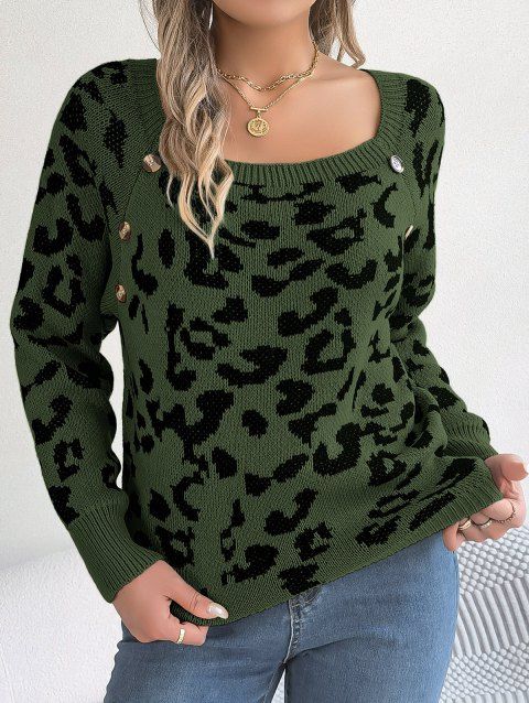 Leopard Graphic Raglan Sleeve Sweater Mock Button Casual Sweater