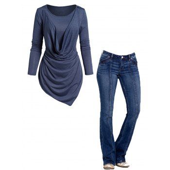 

Cowl Neck Ruched Asymmetrical Hem Long Sleeve Top And Stitching Zipper Fly Long Flare Jeans Outfit, Deep blue