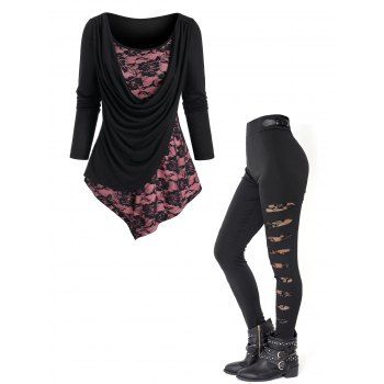 

Flower Lace Colorblock Cowl Irregular T Shirt And Ripped Buckle Strap High Waist Pants Outfit, Black