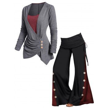 

Colorblock Ruched Mock Button Long Sleeve Faux Twinset Top And Cinched Side Foldover Wide Leg Pants Outfit, Multicolor