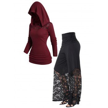 

Lace Panel Long Sleeve Ruched Hoodie And Rose Pattern Lace Foldover High Waist Loose Wide Leg Pants Outfit, Multicolor