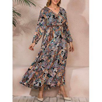 

Plus Size Paisley Flower Print Belted Ethnic Maxi Dress Surplice V Neck High Waist Tiered Dress, White