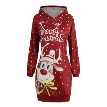 

Cute Elk Star Slogan Allover Print Christmas Hoodie Drop Shoulder Long Xmas Hoodie, Red