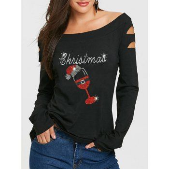 

Christmas Pattern Off The Shoulder T-shirt Cut Out Long Sleeve Xmas Tee, Black
