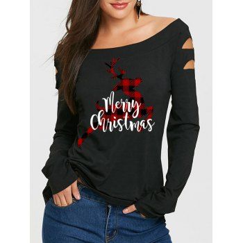 

Christmas Pattern Off The Shoulder T-shirt Cut Out Long Sleeve Xmas Tee, Multicolor a