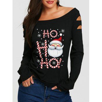 

Christmas Pattern Off The Shoulder T-shirt Cut Out Long Sleeve Xmas Tee, Multicolor b