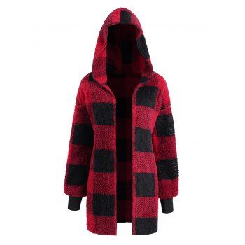 

Plaid Fuzzy Hooded Coat Open Front Long Warm Coat, Red