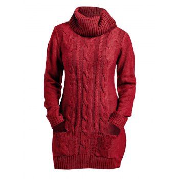 

Twist Cable Knit Turtleneck Mini Sweater Dress Solid Color Front Pockets Dress, Red