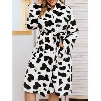 

Plus Size Cow Print Fluffy Robe Belted Long Front Pockets Open Front Sleepwear, Black