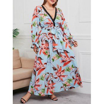 

Plus Size Flower Maxi Dress Allover Print Plunging Neck Belted Poet Sleeve High Waist Long Dress, Light blue