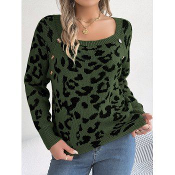 

Leopard Graphic Raglan Sleeve Sweater Mock Button Casual Sweater, Deep green