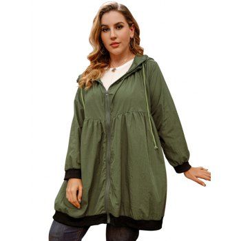 

Plus Size Windbreaker Loose Hooded Coat Zip Up Drawstring High Waist Outdoor Outwear, Deep green