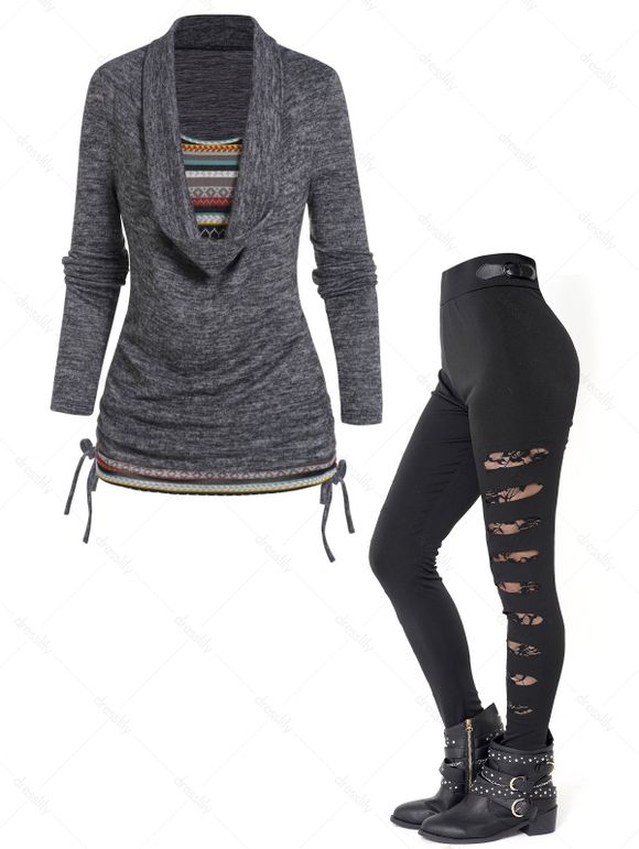 Tricot Déchiré Panneau en Dentelle Motif de Rayure Bouclé à Taille Haute - multicolor S | US 4