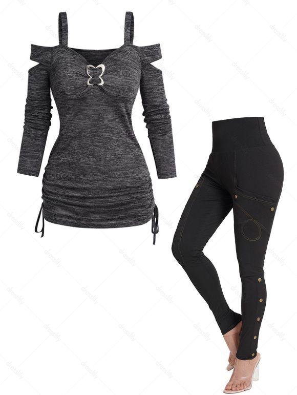 Haut Chiné à Epaule Dénudée à Volants et Pantalon Crayon Long Cousu - multicolor S | US 4
