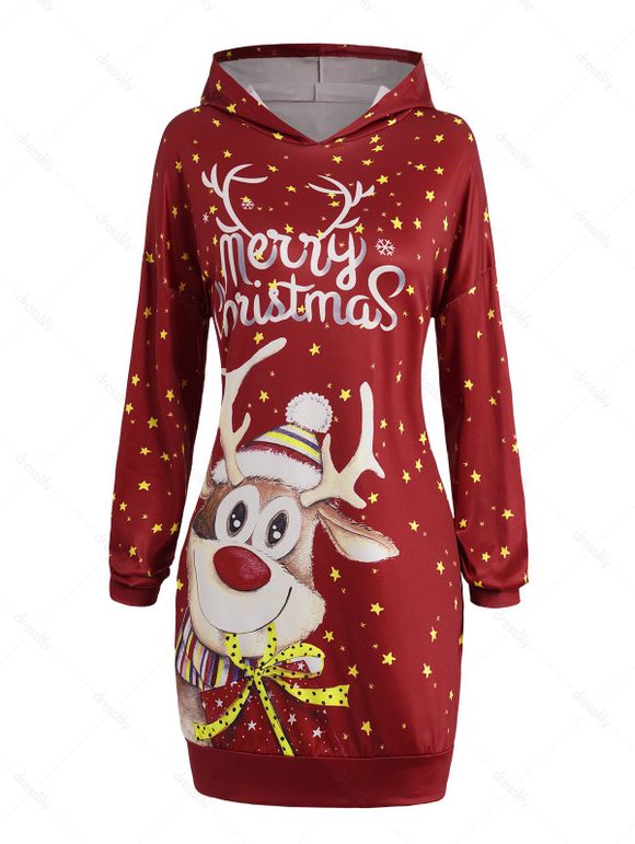 Sweat à Capuche de Noël Long Graphique Slogan Imprimé à Goutte Epaule - Rouge L | US 8-10