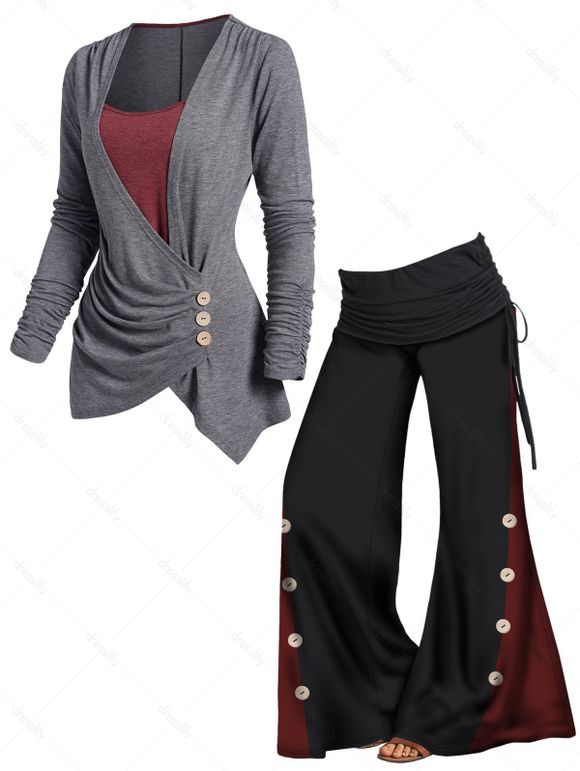Haut Plissé à Jambe Large en Blocs de Couleurs avec Bouton et Pantalon à Côté Fausse Deux Pièces - multicolor S | US 4