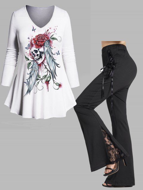 Plus Size Flower Skull Wing Print V Neck Long Sleeve T-shirt And Lace Up Elastic Waist Long Flare Pants Outfit