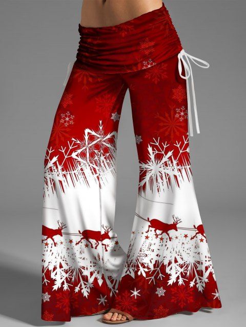 Pantalon Lâche Sanglé Flocon de Neige Cerf de Noël Imprimé à Taille Elastique