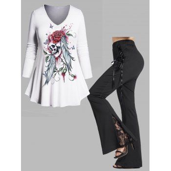 

Plus Size Flower Skull Wing Print V Neck Long Sleeve T-shirt And Lace Up Elastic Waist Long Flare Pants Outfit, Multicolor a