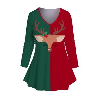 

Plus Size & Curve Christmas T-shirt Reindeer Print Two Tone Long Sleeve V Neck Tee, Red