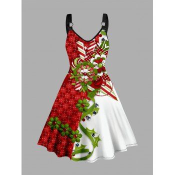 

Plus Size & Curve Christmas Dress Plaid Flower Colorblock Print V Neck Dress, Red