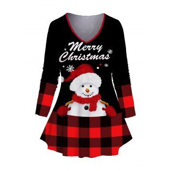 

Plus Size Christmas Snowman Letter Plaid Print T-shirt V Neck Long Sleeve Casual Tee, Red