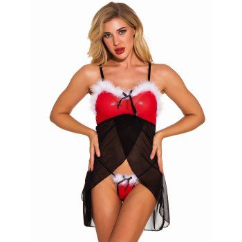 

Christmas Sheer Mesh T-back Babydoll Set Faux Fur High Low Lingerie Set, Black