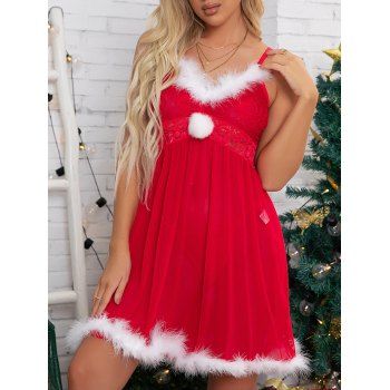 

Christmas Sheer Mesh Babydoll T-back Set Faux Fur Floral Lace Panel Lingerie Set, Red