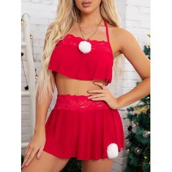 

Christmas Fuzzy Ball Lingerie Set Sheer Mesh T-back Skirt Lingerie Set, Red