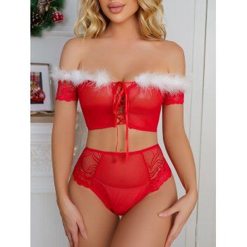 

Christmas Faux Fur Lace Up Mesh Lingerie Set Open Shoulder Floral Lace Lingerie Set, Red