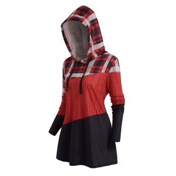 

Plaid 3D Panel Print Hoodie Drawstring Long Sleeve Hooded Top, Deep red