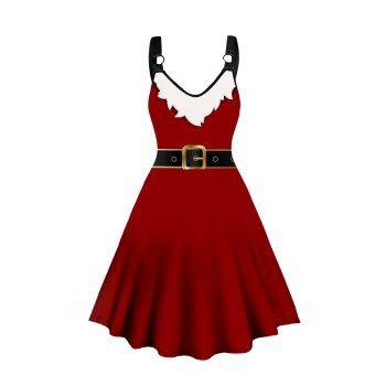 

Christmas Belt 3D Print A Line Dress V Neck O Ring Sleeveless Midi Dress, Red