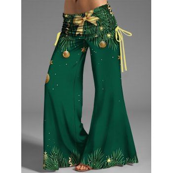 

Christmas Tree Ball 3D Print Wide Leg Pants Cinched Long Loose Pants, Green