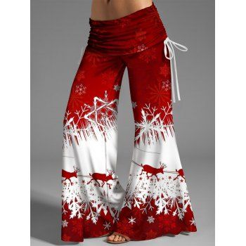 

Christmas Snowflake Elk Print Wide Leg Pants Cinched Elastic Waist Loose Pants, Red