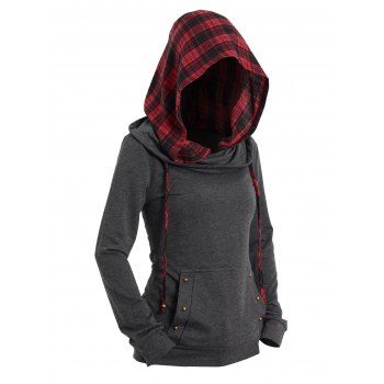 

Plaid Hoodie Drawstring Foldover Kangaroo Pocket Casual Hoodie, Dark gray