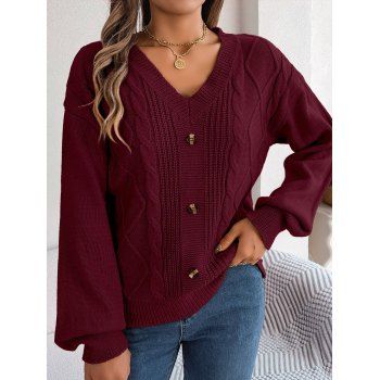 

Drop Shoulder Lantern Sleeve Sweater Mock Button V Neck Twist Cable Knit Solid Color Casual Sweater, Deep red