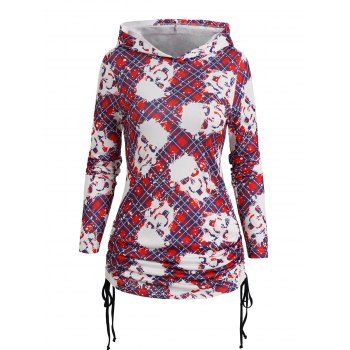 

Plaid Skull Painting Splatter Print Hoodie Dress Cinched Ruched Mini Hooded Dress, Deep red