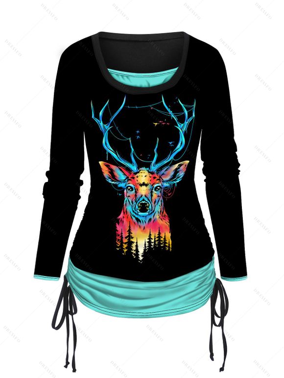 T-shirt Cerf de Noël Coloré Jointif Imprimé Fausse Deux Pièces - Noir XXL | US 12