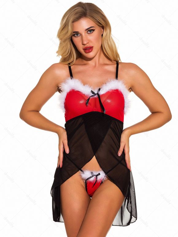Ensemble de Lingerie de Noël T-String Haut Bas en Maille Transparente - Noir XXL | US 12