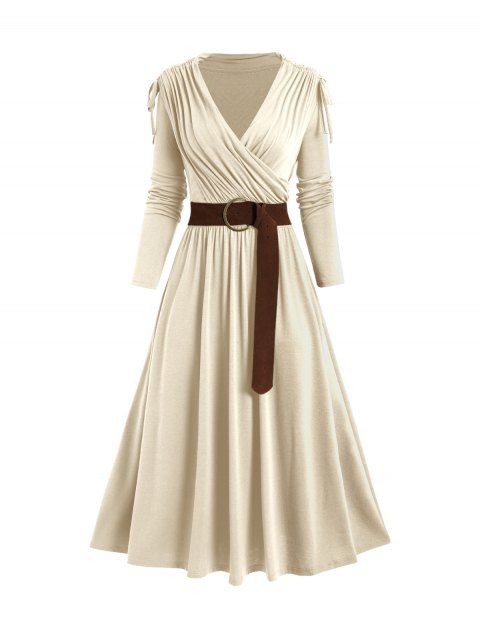 Cinched Ruched Surplice Plunge Belted Midi Dress Solid Color High Waist Long Sleeve Dress