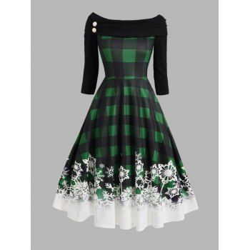 

Christmas Off The Shoulder Dress Snowflake Plaid Print High Waist Xmas Dress, Deep green