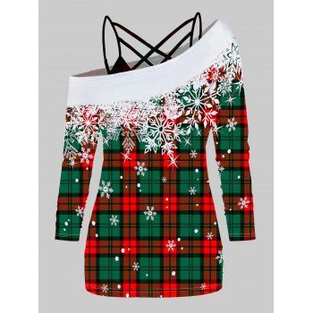 

Christmas Snowflake Print Skew Collar Long Sleeve Top And Crisscross Plain Camisole Two Piece Set, Green