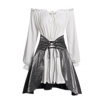 

Off The Shoulder Ruffles Long Top And Metallic Lace Up Open Front Mini Skirt Set, White