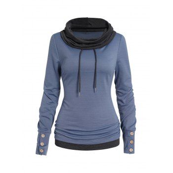 

Colorblock Turtleneck Ruched Sweatershirt Drawstring Ruched Mock Button Casual Sweatshirt, Blue